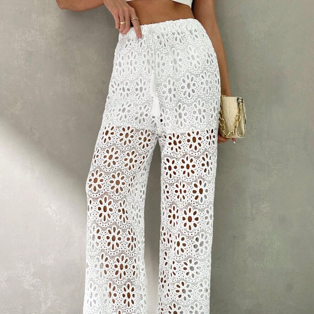 Beige Boho Women's Summer Vacation Beach Lace Crochet Hollow Out Wide Leg Pants - Picture 4 of 7